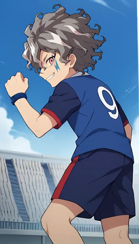 score_9, score_8_up, score_7_up, score_6_up, score_5_up, score_4_up, source_anime, 1boy, kira hiroto, multicolored hair, grey hair, pink eyes, facial tattoo, blue shirt, blue shorts, pose, smile, from side, looking at viewer, <lora:Kira_Hiroto:1>