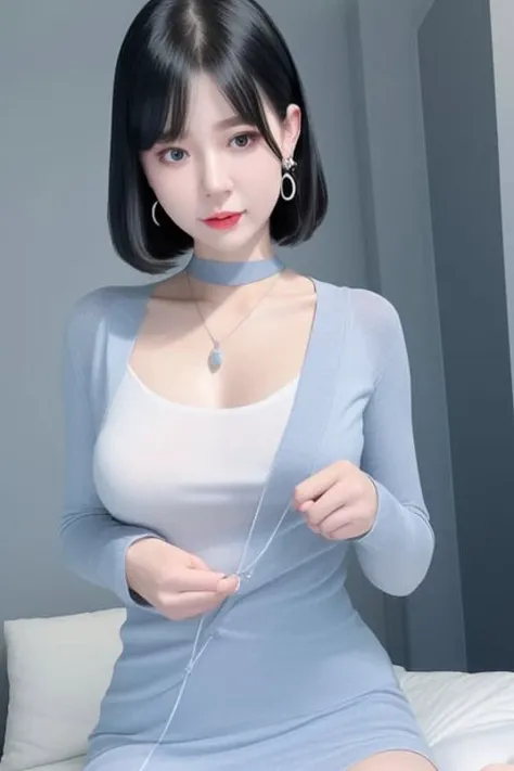 <lora:lilka_v1_chilloutmix_NiPrunedFp32Fix_100it_30pic:0.8> lilka, 

 ,dynamic pose, light blue pupil,  tiny eyes, looks downwards:1.3, toned body, thick choker, 
mouth closed, balanced eyes,
(Best quality details:1.2),realistic,8K High definition,Ultra Detailed,High quality texture,intricate details,detailed texture,finely detailed,high detail,extremely detailed cg,High quality shadow,Detailed beautiful delicate face,Detailed beautiful delicate eyes,Depth of field,Ray tracing,(a beautiful 25 age years old korean woman:1), small breast, tall_female, beautiful_legs, Glow Eyes,blush,skinny,  larger body, 
blurry outdoor background, 
blue 
sleeveless
cardigan, 
transparent 
tight-fitting
Midi ress,

 open coat:1.1, [brown_skirt]:1, stockings and garterbelt:1.2, black short flowy hair, cozy living room, sunlight,  earrings,necklace, model, looking at viewer, from side, dynamic pose, earrings,necklace, model, looking at viewer, from side, dynamic pose,