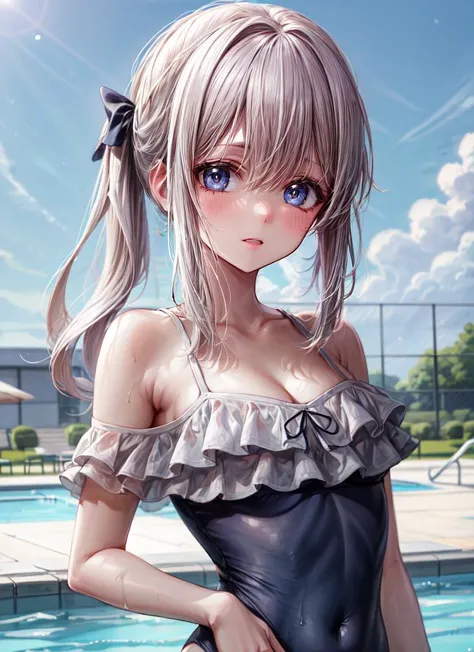((best quality)), ((highly detailed)), masterpiece, absurdres, (detailed eyes, deep eyes), <lora:more_details:.6>, (1girl), depth of field, upper body, <lora:FrilledOnePieceSwimsuitV1:1>, frilled one-piece swimsuit, cleavage, <lora:hairdetailer:.5>, , outdoors, at an outdoor pool, afternoon