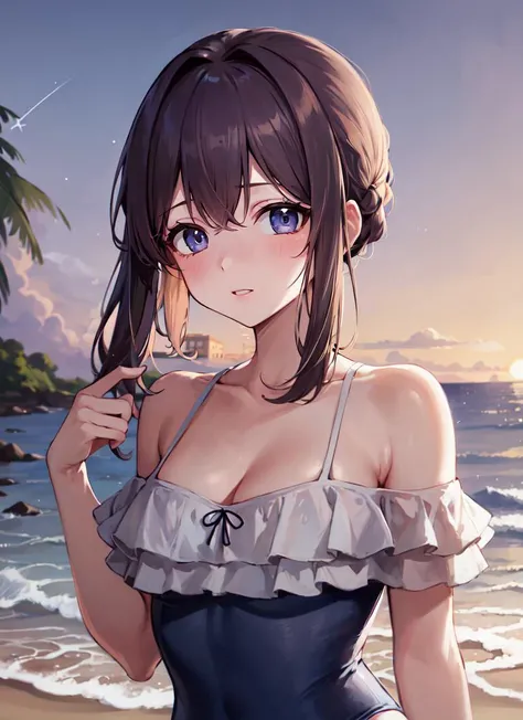 (best quality,4k,8k,highres,masterpiece:1.2),ultra-detailed,(realistic,photorealistic,photo-realistic:1.37), professional, HDR, vivid colors, sharp focus, bokeh, fine art, swimsuit, beach, summer, beautiful detailed skin, detailed bathing suit, suntanned body, sandy beach, crystal clear water, refreshing waves, relaxed pose, smiling face, tropical oasis, exotic atmosphere, vibrant colors, natural lighting, summer breeze, palm trees in the background