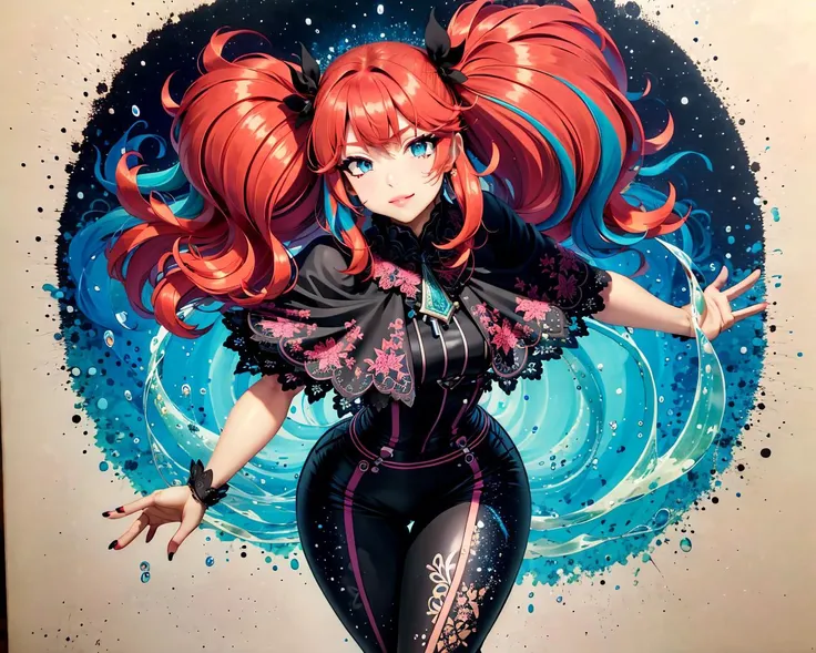 (masterpiece, best quality:1.2), highres, best illustration, 8k resolution, (Traditional Media:1.2), (2d), (dynamic angle, dynamic pose:1.2), sweetfactory, upper body, (mid shot, full body), thick lineart, outline, colorful, (ultra-detailed), stylish, official art, <lora:Sweet-FactoryV1:0.7>, 1girl, solo, mature female, beautiful, looking at viewer, head tilt, partially falling:0.3, perfect face, wink, detailed face, (detailed eyes, deep eyes:1.1), (lips), (gradient hair), multicolored hair, (gradients), (shiny), sidelocks, candy, various colors, capelet, frilled shirt, black trim, official alternate costume, pants, nail polish, (perfect female figure:1.2), fantasy, highly detailed, sweets, lollipop, intricate, (Details:1.2), particles, (depth of field), sharp focus, ((focus face)), (cinematic lighting:1.1), (best shadow), blue background, water, censored