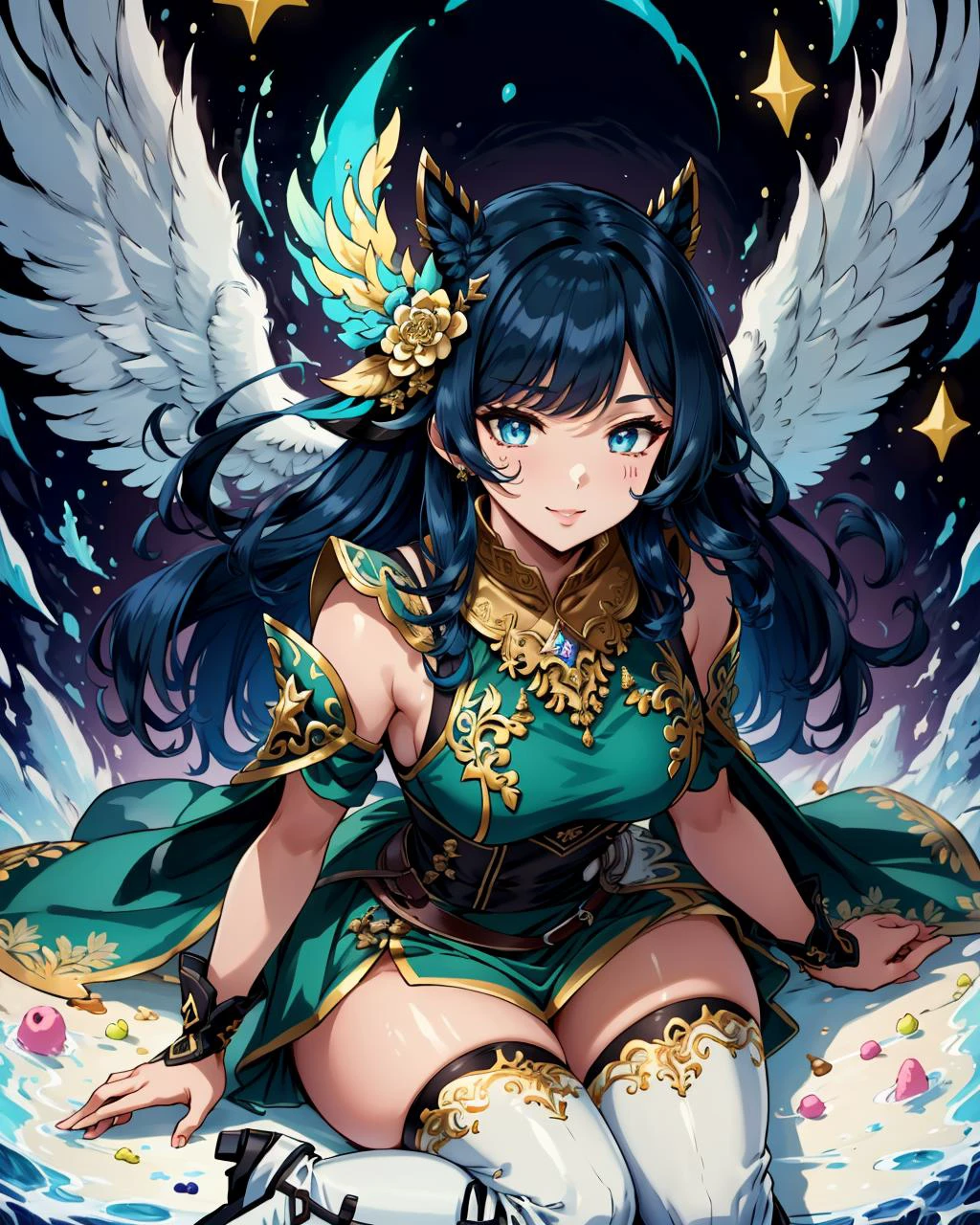 (masterpiece, best quality:1.2), highres, best illustration, 8k resolution, (Traditional Media:1.2), (2d), (dynamic angle, dynamic pose:1.2), upper body, (cowboy shot), outline, ((thick lineart)), (ultra-detailed), stylish, official art, <lora:Sweet-FactoryV1:0.8>, sweetfactory, 1girl, solo, perfect face, detailed face, (detailed eyes, deep eyes:1.1), makeup, sitting, highly detailed, gradient hair, shiny hair, sidelocks, various colors, thighhigh boots, fantasy, heavenly, highly detailed, sweets, dreamy, colorful, intricate, (Details:1.2), particles, (depth of field),sharp focus, (full body:1.2), focus face, (cinematic lighting:1.1), (best shadow) , (Full body:1.2),