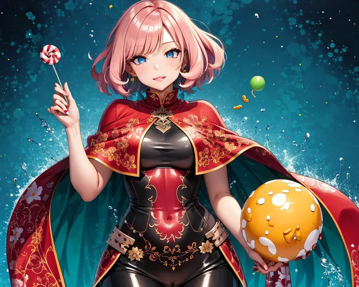 (masterpiece, best quality:1.2), highres, best illustration, 8k resolution, (Traditional Media:1.2), (2d), (dynamic angle, dynamic pose:1.2), sweetfactory, upper body, (mid shot, full body), thick lineart, outline, colorful, (ultra-detailed), stylish, official art, <lora:Sweet-FactoryV1:0.6>, 1girl, solo, mature female, beautiful, looking at viewer, head tilt, partially falling:0.3, perfect face, wink, detailed face, (detailed eyes, deep eyes:1.1), (lips), (gradient hair), multicolored hair, (gradients), (shiny), sidelocks, candy, various colors, capelet, frilled shirt, black trim, official alternate costume, pants, nail polish, (perfect female figure:1.2), fantasy, highly detailed, sweets, lollipop, intricate, (Details:1.2), particles, (depth of field), sharp focus, ((focus face)), (cinematic lighting:1.1), (best shadow), blue background, water, censored