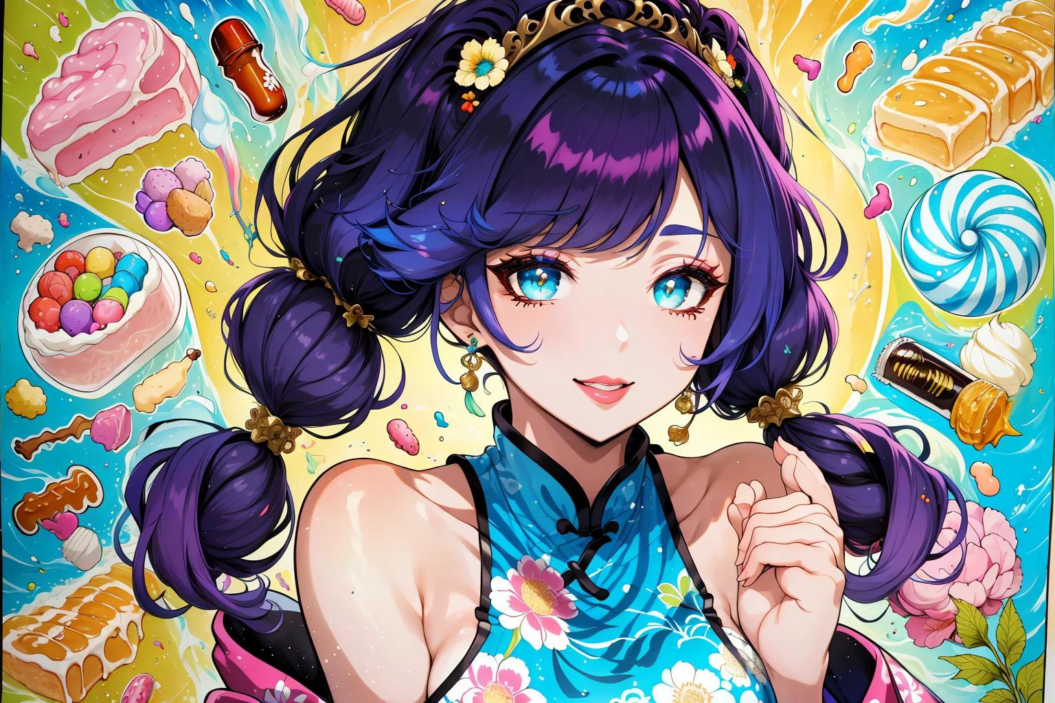 (Masterpiece, Best Quality:1.3), highres, (8k resolution), <lora:Sweet-FactoryV1:0.8>, official art, (ultra-detailed portrait), sweetfactory, sticker:0.7, (thick lineart), ((outline)), upper body, full body:1.2, beautiful, 1girl, princess, solo, looking at viewer, laugh, (detailed face, detailed eyes:1.2), ;\), lipstick, curvy, dynamic posture, shiny, colorful, makeup, (gradient hair, low twintails:1.1), teal and pink theme, ((chinese clothes)), stylish, turtleneck, bare shoulders, collarbone, breasts, blowing wind, floating hair, zero g, lifted by self, floral print, sweets, treats, lumen global illumination, soft glow:0.2