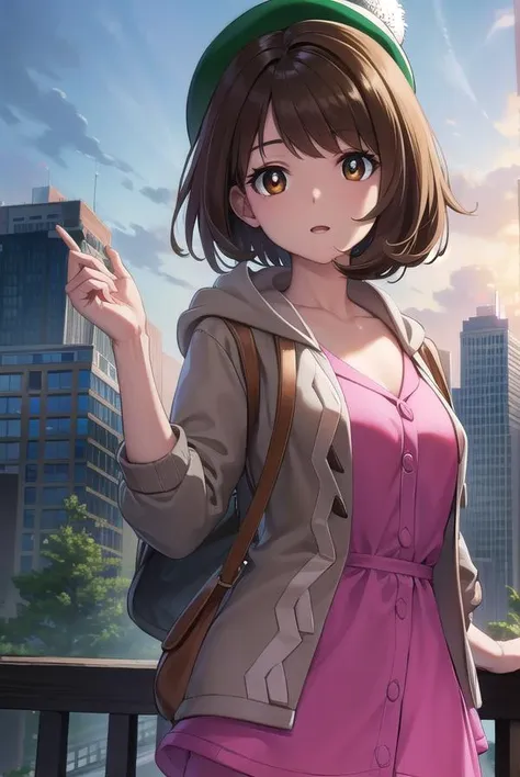 Anime girl in pink dress and green hat standing on a bridge - SeaArt AI