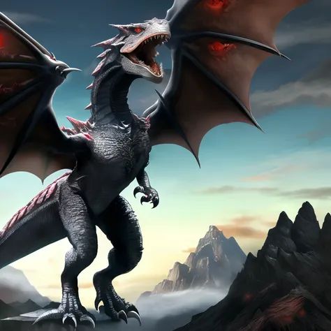 no humans, wings, open mouth, claws, mountain, tail, dragon, sky, spikes, teeth, sharp teeth, cloud, glowing eyes, molten rock, monster, red eyes, kaijuu, fangs, standing