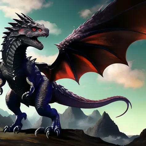 no humans, wings, open mouth, claws, mountain, tail, dragon, sky, spikes, teeth, sharp teeth, cloud, glowing eyes, molten rock, monster, red eyes, kaijuu, fangs, standing