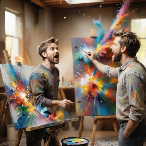 man painting canvas, explosion of color, art studio surprised artists background bokeh