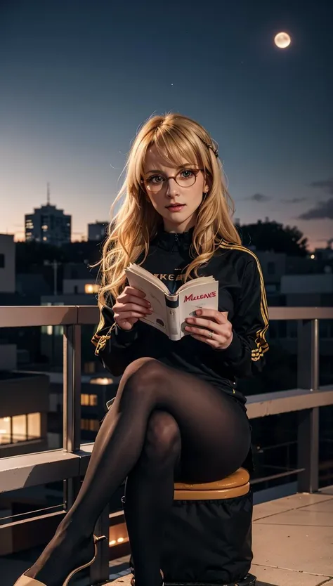 masterpiece, best quality, portrait of european woman, mature female, MelissaRauch768, Melissa Rauch, iridescent blonde hair, green eyes, (detailed face and eyes):1.3, remarkable eye color, reading glasses, nighttime, sitting, (legs crossed):1.2, 38 carbon leggings, t-shirt, track jacket, balcony, snowfall, moon glow, diffused background, <lora:MelissaRauch768-000040:0.9>
