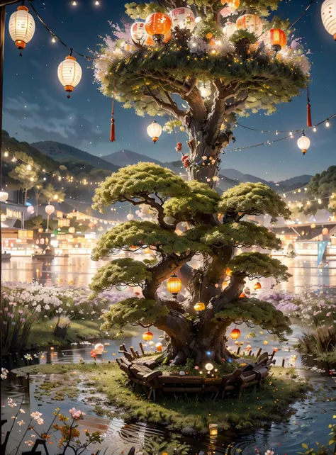 lunar newyear, Ink and wash painting, Cheerful, Kumquat trees, Symbolizing wealth and good luck, Offering sacrifices to ancestors, honoring family heritage and roots, Waterfronts, Hosting lantern festivals with floating lanterns on rivers or seas, creating a magical atmosphere, Wearing new clothes, Red lanterns <lora:Chinese dragon:1>, mosaic, flower field