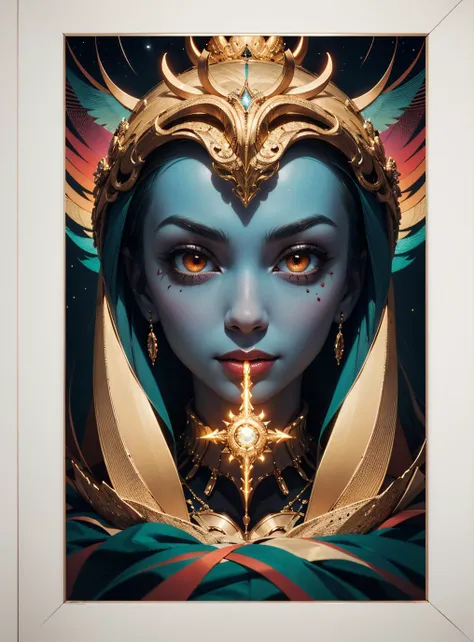small centered composition, product shot, plain background, [by Lois van Baarle| Giovanni Battista Venanzi], wallpaper art, in the center is an image of a "The Spirit of Wealth", Academism, neon hue