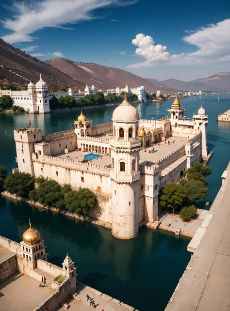Oil painting, landscape of a Aesthetically Pleasing Radiant (City Palace of Udaipur:1.1) and The Temple of Apollo, Bathed in shadows, colorful art, [ (fauvism art by Patty Maher:1.2) | (Grandma Moses:1.3) ], Overdetailed art, Rembrandt lighting, Circular polarizer, four colors, crisp lines, gritty