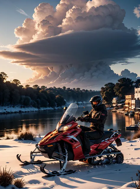 [psychedelic art by Android Jones| Rob Gonsalves], digital art, landscape of a (Varanasi:1.2) and Hungarian Snowmobile, Alluring and Beautiful, Kenyan roots, at Midday, moody lighting, surreal, beauty