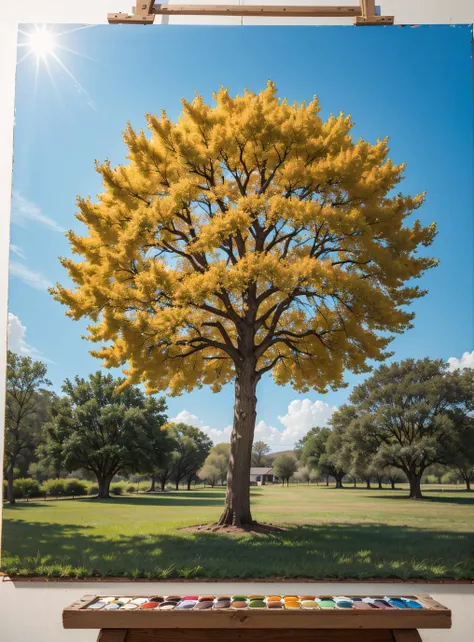 Painting, Vibrant Cuban Oak tree, Orange and Blue background, Sun in the sky, landscape art designed by Elsie Driggs, Selective focus