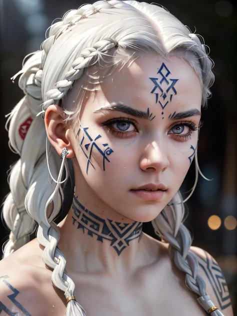(masterpiece:1.3), (best quality:1.3), ultra realistic, (close up:1.2),
gorgeous skinny 18 year old Jordanian girl with (pale white porcelain skin:1.3), angry, (white hair, braids:1.3),
high cheeks, pale lips, closed mouth, (viking tribal face tattoo:1.2),
desaturated, battlefield, epic movie scene, icy atmosphere, bokeh, (low light film grain:1.3),
<lora:detail_slider_v4:1> <lora:Nlo_FaceTattoo_v1:0.8>