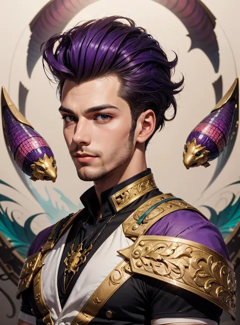vibrant art stylized by Karol Bak, (young man, Pompadour hair:1.2) , he is dressed in a that was forged by Toyota, It is charming, Bugcore, dripping Cream and purple, Concept Art World
