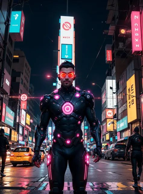 cyberpunk, concept art, cyborg light-weight Male [AI|Replicant], background is night city, neon-lit, Smoking pose, Sharp and in focus, Yellow and dark pink neon hue, contest winner, high tech, futuristic, neon hue, shadowrun
