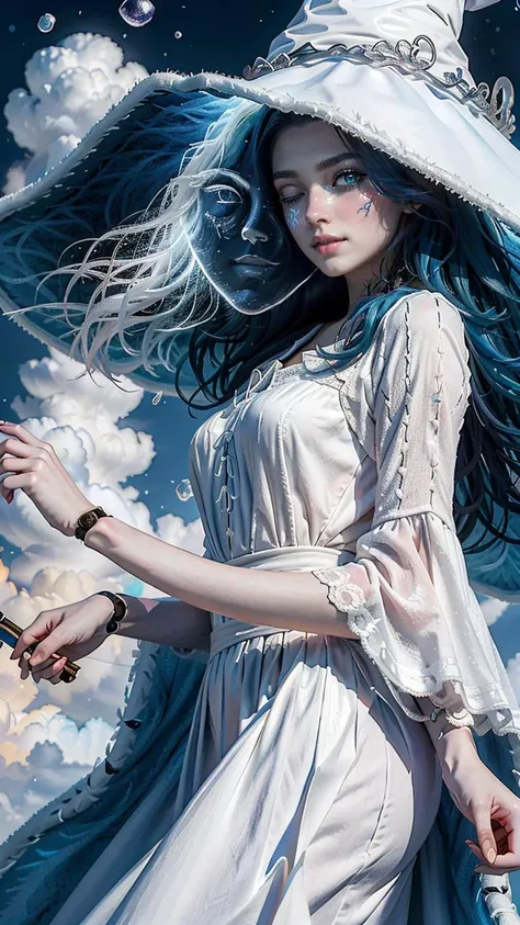 (best quality, masterpiece, colorful, dynamic angle, highest detailed), cowboy shot, fashion photography of cute (IncrsRanni), wavy hair, cracked skin, colored skin, blue skin, extra faces, extra arms, <lora:RanniV4LoRA:1>, doll, joints, doll joints, white dress, hat, cloak, (ultrahigh resolution textures), bokeh, light passing through hair, colorful bubble clouds background, (official art)