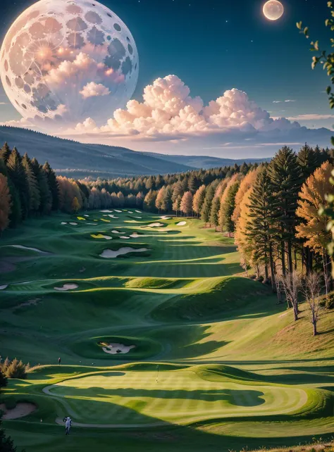 vibrant art by Tivadar Csontváry Kosztka, expressionism art, landscape of a (Golf course:1.1) , Dystopian and 1920'S, Moon in the night, Masterpiece, Zen, "A gentle breeze carries the whispers of the past, a story etched in the rustle of leaves.", masterpiece, colorful