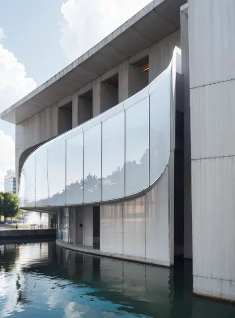 minimalist, RAW photo, (avant garde building from outside), frontal elevation, curvilinear, white sky, (diffused light:1) <lora:MIR-v3:0.6> (translucent white glass), super reflective metal, biomorphic style, by Gaudi, fog, (warm interior light:1), (open plaza), architecture photography, hyper realistic, super detailed, 8k, Nikon Z6 Mirrorless Camera, film grain, clean lines, simple shapes, limited color palette, modern, sleek, sci fi, simplistic, modernist