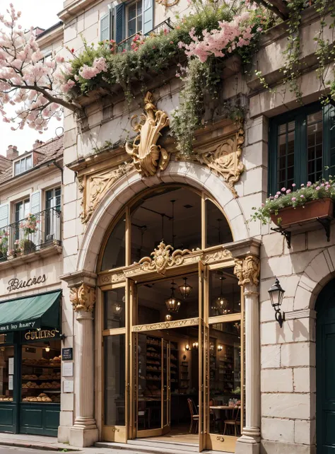 building, architecture of a (bakery:1.2) , made from Magic, roots in background, fauna and blossoms, (designed by Hector Guimard:1.2) , fairy tale, organic