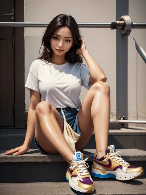 Masterpiece, high quality, 4K, solo, 1girl,Masterpiece, high quality, 4K, beautiful design, shiny, from the front, award winning photo, extremely detailed, amazing, fine detail, absurdres, highly detailed Asian woman, extremely detailed eyes and face, by lee jeffries nikon d850 film stock photograph 4 kodak portra 400 camera f1.6 lens rich colors hyper realistic lifelike texture dramatic lighting unrealengine trending on artstation cinestill 800 tungsten, dark haired woman, smiling
sneakers, a woman in a white shirt and multicolor sneakers with cool design and gold soles, sneakers inside the frame, feet closeup, crossed legs
 <lora:Sneakers:0.6>