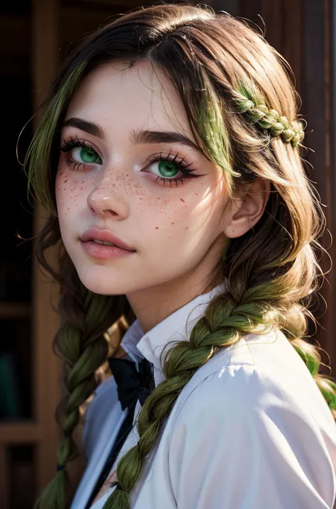 detailed face, detailed eyes, detailed skin, extremely detailed, intricate details, mitsuri kanroji, braid, zh_mushyee_normalgirl, Emmy Rossum, zh_mushyee_cosplaygirl,  pale skin, tattoo, freckles, lips, gradient hair, (green eyes:1.5), green hair, long hair, mole,  mole under eye, multicolored hair, pink hair, twin braids, two-tone hair,  looking at viewer, solo, thin waist, slim, hourglass figure, medium breasts, <lora:Elixir:0.7> belt, black skirt, cleavage, coat, demon slayer uniform, haori, japanese clothes, long sleeves, miniskirt,  partially unbuttoned, pleated skirt, skirt, uniform, thighhighs  <lora:mitsurikanroji-lora-nochekaiser:0.9> 
(masterpiece, best quality, high resolution:1.4), (seductive pose:1.2), (dynamic angle), detailed fantasy background, fcDetailPortrait, detailed face, detailed eyes, detailed skin, extremely detailed, intricate details, casual photography, HDR, natural light, (anti-aliasing:1.2), elegant, soft scattered light, realistic proportions, limited palette, backlit, accent lighting, (neutral colors:1.3), cross process, cinematic lighting, coherent light, coherent shadows, cowboy shot,