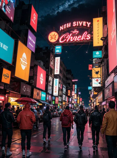 cyberpunk, [by Ward Kimball| Walter Velez], concept art, lush reeds, cyborg (Sibling:1.2) , background is night city, neon-lit, Stars in the sky, orange and deep red hue, UHD, neon hue, shadowrun