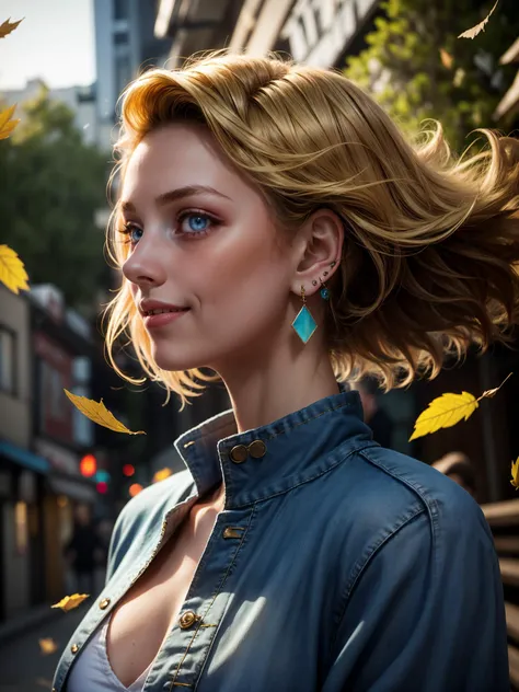 1girl, blonde hair, blue eyes, blurry, blurry background, building, denim, depth of field, earrings, jacket, jewelry, lips, midriff, navel, pants, solo, wall, graffiti, wind, falling leaves, floating hair, closed mouth, light smile, looking to the side,
masterpiece, best quality, <lora:backlight_slider_v10:-1> <lora:people_count_slider_v1:2> <lora:add_detail:0.5> <lora:skin_slider_v1:0.8>