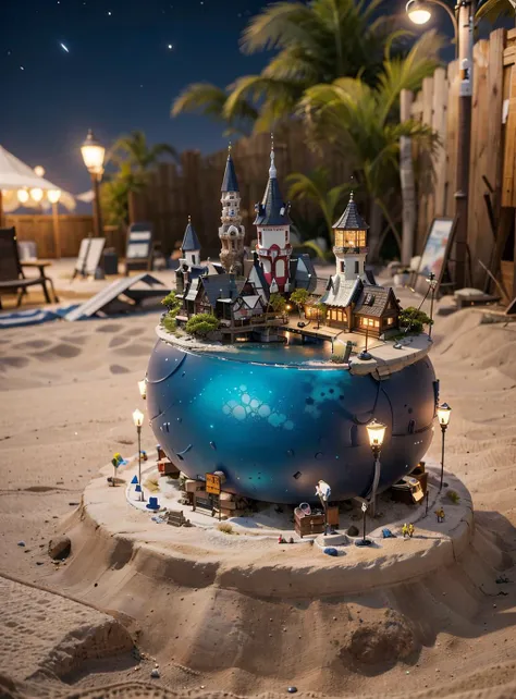 Tilt-Shift of a Bronze Reiwa Era mini\(ttp\), night sky beach, miniature landscape <lora:miniature_V1:1@0,.5@.4>, anthropomorphic
