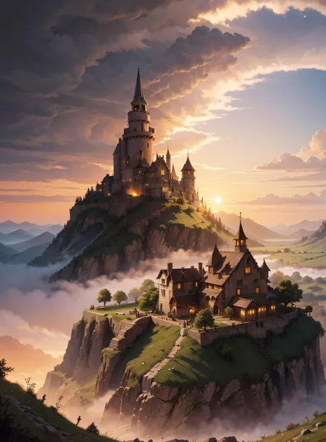 [ (designed by Pieter Brueghel the Younger:0.7) and Maurice Sapiro:4], studio Digital art, Concept art, landscape of a (The House of the Undying in Qarth:1.1) in the distance there is a Christ the Redeemer, Rule of Thirds, at Sunset, Fairy-Tale, Dramatic spotlight, vibrant, heroic, emotional