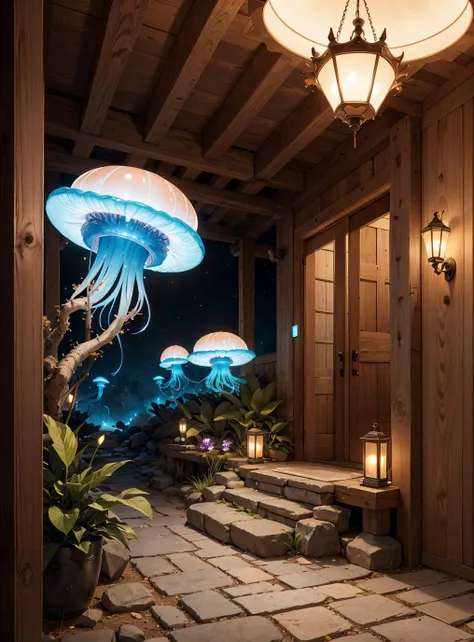 magical inn at the crossroads, cement board,limestone,cob, bioluminescent jellyfish, deck and step lights, in a Viking setting, Sharp and in focus, art by greg manchess, huang guangjian, greg rutkowski and jesper ejsing, Wonder, macro lens, Cream and Acid colors flakes, amusing