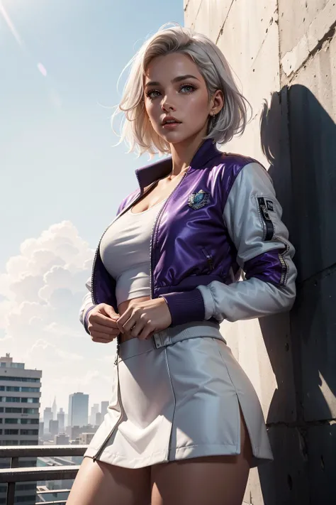 (8k,ultra hd,high resolution,extreme detail,octane,render,best quality,masterpiece,dynamic angle, highest detailed:1.2),3/4 body photo of young female,beautiful eyes,(intense short white hair:1.2),wearing white tank top,(purple bomber jacket:1.2),white skirt,fit body,(ultra high resolution textures:1.2),bokeh,radiant skin,light passing through hair,city background,(official art:1.2)