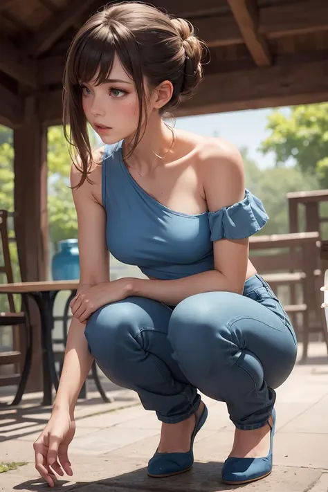 (masterpiece, best quality), 1girl, Honey Caramel Blend Messy Chignon, Size E breasts, Denim Blue One-shoulder top and High-waisted trousers, kneesocks, Crouching down with hands touching the ground.