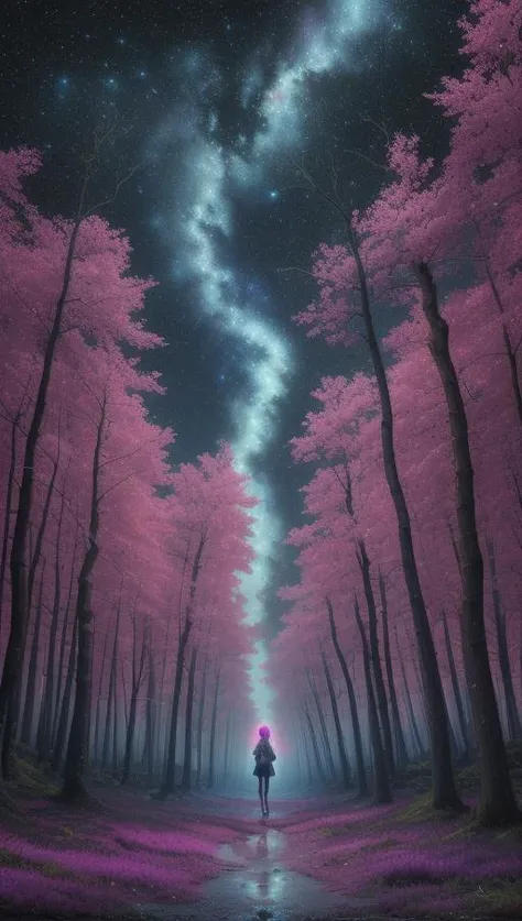 masterpiece, best quality,  a surreal landscape where the sky is made of swirling galaxies and the ground is a forest of neon-colored trees, 1girl,  <lora:Sciamano240 [MockAi - v1.0]:1> sciamano240, soft shading, detailed, semi-realistic,