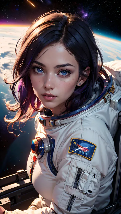 (best quality, masterpiece, perfect face, beautiful and aesthetic:1.2, colorful, dynamic angle, highest detailed face) fashion photography of cute astronaut girl with long iridiscent purple hair, in space (intricate details, hyperdetailed:1.15), detailed, sunlight passing through hair, (beautiful galaxy background), (high contrast, official space art, extreme detailed, highest detailed), HDR+