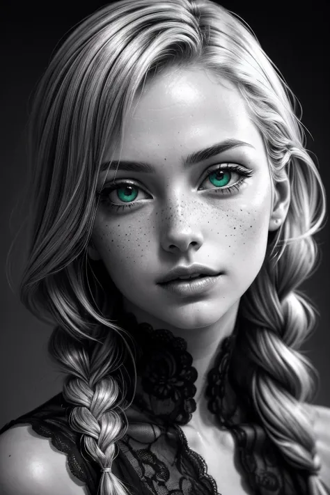 close up, beautiful young woman, detailed gorgeous face, freckled skin, pale skin, long hair, thick ginger fishtail braids, green eyes, ultra realistic, detailed and intricate, cinematic lighting, ultra detailed, sharp focus, 8k high definition, nice bokeh, Leica 35mm F2.8, dark tone, intricate details, highly detailed, black and white photograph, dimly lit, monochrome, platinotype, <lora:add_detail:0.5>