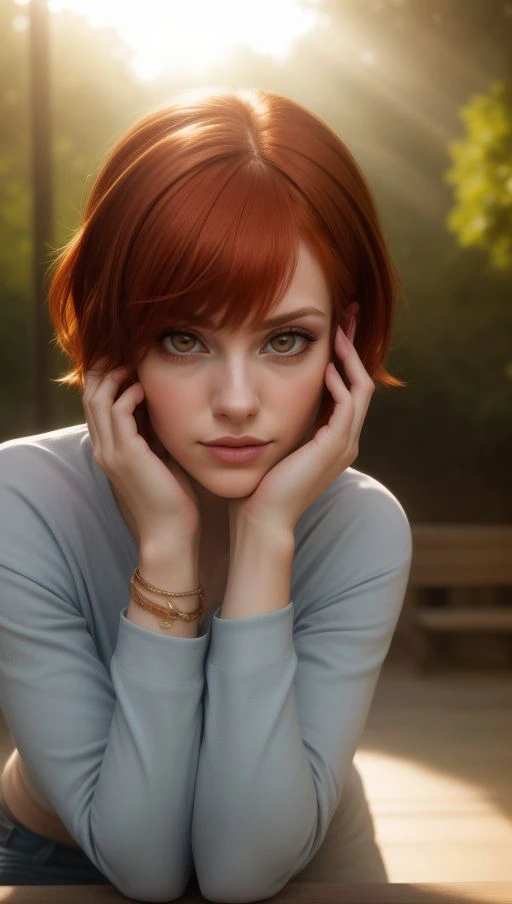 masterpiece, best quality, 1girl, Hayley Williams, <lora:add_detail:1>, long bangs, jeans, arms behind head, parted lips, crew neck, outdoors, tree, guard rail, floating hair, wind, (((midday, direct lighting, overhead sunlight))), table,