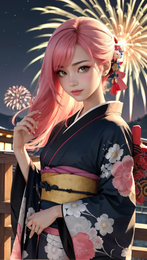 (best quality, masterpiece, colorful, dynamic angle, highest detailed)upper body photo, fashion photography of a cute marocco girl with iridiscent pink hair, flirting with POV, in traditional japanese gold&black kimono, ultra detailed kimono textures, high contrast, night, kyoto, fireworks, (intricate details, hyperdetailed:1.15), detailed, moonlight passing through hair, (official art, extreme detailed, highest detailed),