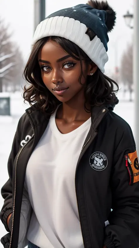 (best quality, masterpiece), 1girl, beanie, jacket, winter, curly hair, wavy hair, (dark skin:1.2), (freckles:0.5)