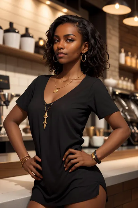 (masterpiece, best quality), (((dark skin))), curly hair, barista, realistic, parted lips, necklace, (((detailed skin))), looking away, depth of field, hand on hip,