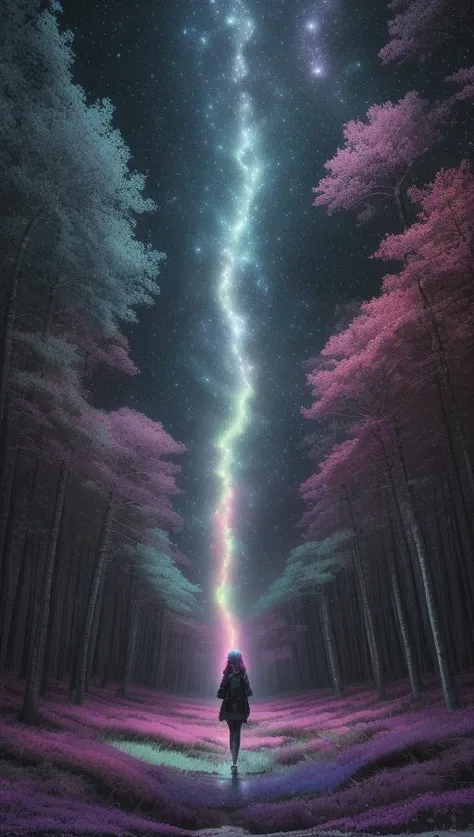 masterpiece, best quality,  a surreal landscape where the sky is made of swirling galaxies and the ground is a forest of neon-colored trees, 1girl,  <lora:Sciamano240 [MockAi - v1.0]:1> sciamano240, soft shading, detailed, semi-realistic,