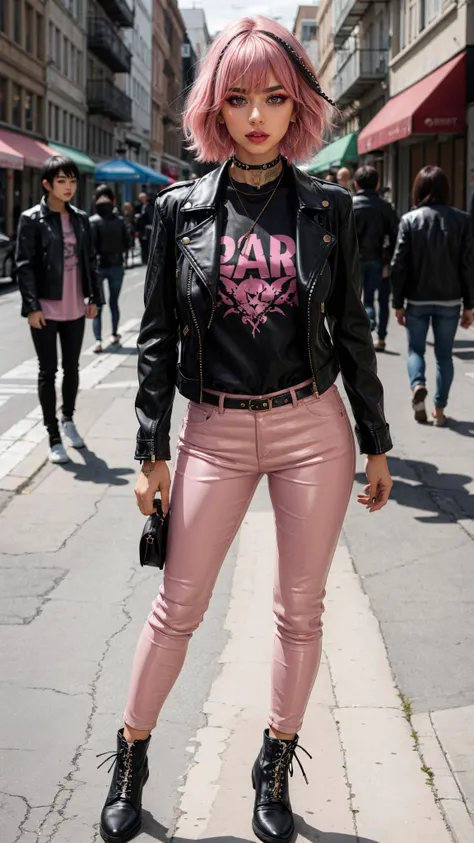 a rebellious look with a woman in punk-inspired clothing, leather jackets, leather pants,  and bold makeup, depth of field,  closed mouth, street, ocean, pink hair, punk, 
masterpiece, best quality, intricate detail,