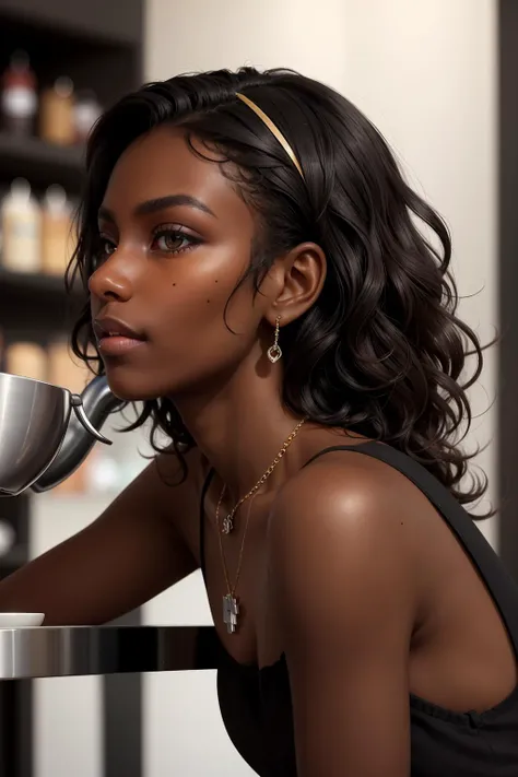 (masterpiece, best quality), (((dark skin))), curly hair, barista, realistic, parted lips, necklace, low-tied long hair, (((detailed skin))), looking away, depth of field,