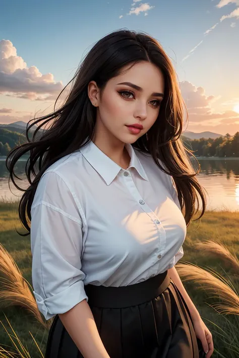 masterpiece, best quality, highres, intricate detail, 1girl, (mature female:1.5), (curvy:1.3), (thick lips:1.4), eyeshadow, brown eyes, long hair, black hair, grass, oversized clothes, long skirt, spring \(season\), blue sky, walking, lake, hill, sunset, looking at viewer, sunlight, portrait, feeling amused, cloudy sky, extreme close-up, lip biting,
high detail hair, high detail outfit, high detail hand, blue sky, high quality iris, high detail eyelash, tone mapping , high detail scenery,