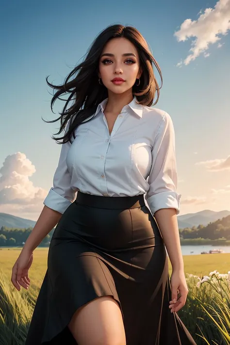 masterpiece, best quality, highres, intricate detail, 1girl, (mature female:1.5), (curvy:1.3), (thick lips:1.4), eyeshadow,  brown eyes, long hair, black hair,   grass, oversized clothes, long skirt, spring \(season\),  blue sky, walking, lake, hill, sunset,  looking at viewer, sunlight, portrait, feeling amused, cloudy sky, extreme close-up, lip biting, 
high detail hair, high detail outfit, high detail hand, blue sky,  high quality iris, high detail eyelash,  tone mapping , high detail scenery,