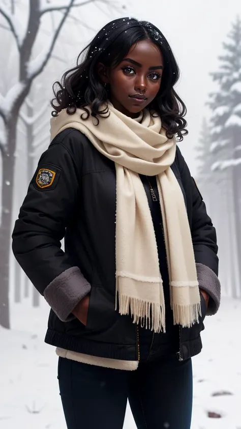 (best quality, masterpiece), 1girl, jacket, winter, curly hair, wavy hair, (dark skin:1.2), (freckles:0.75), hands in pockets, snowing, scarf, part