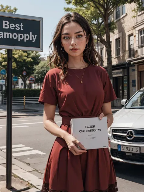 a woman in a red dress standing in front of a bush and a road with a sign that says,, Claire Falkenstein, portrait photography, a character portrait, private press
masterpiece, best quality, intricate detail,