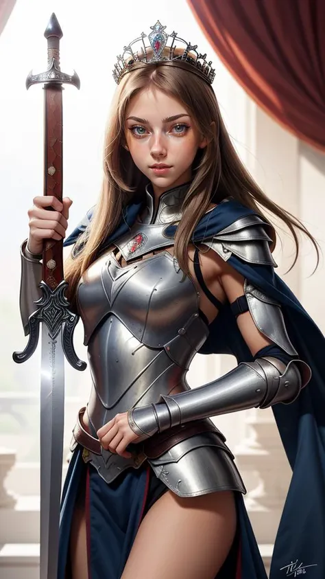 (best quality, masterpiece:1.3), 1girl, Warrior, sword, armor, upper body, AnjelikaV2, royal, tiara, royal crest, holding sword, cape, furr