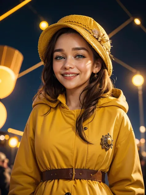 emilia clarke, a woman smiling with a yellow coat and a yellow hat looking up at the sky with lights in the background, bokeh, a stock photo, art photography
masterpiece, best quality, intricate detail,